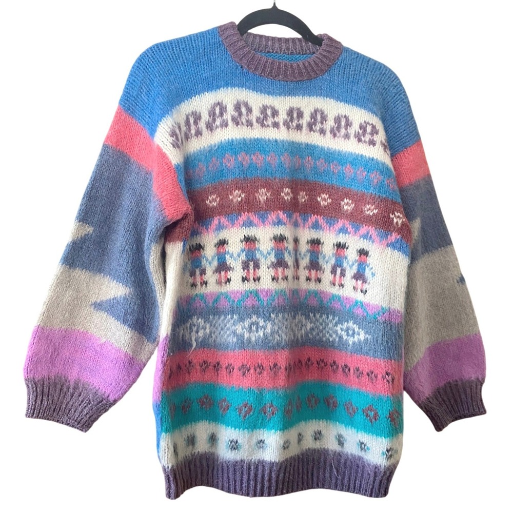 Vintage 1970s Intarsia Chunky Knit Wool Sweater Large Scandigirl Nordic Folk Art